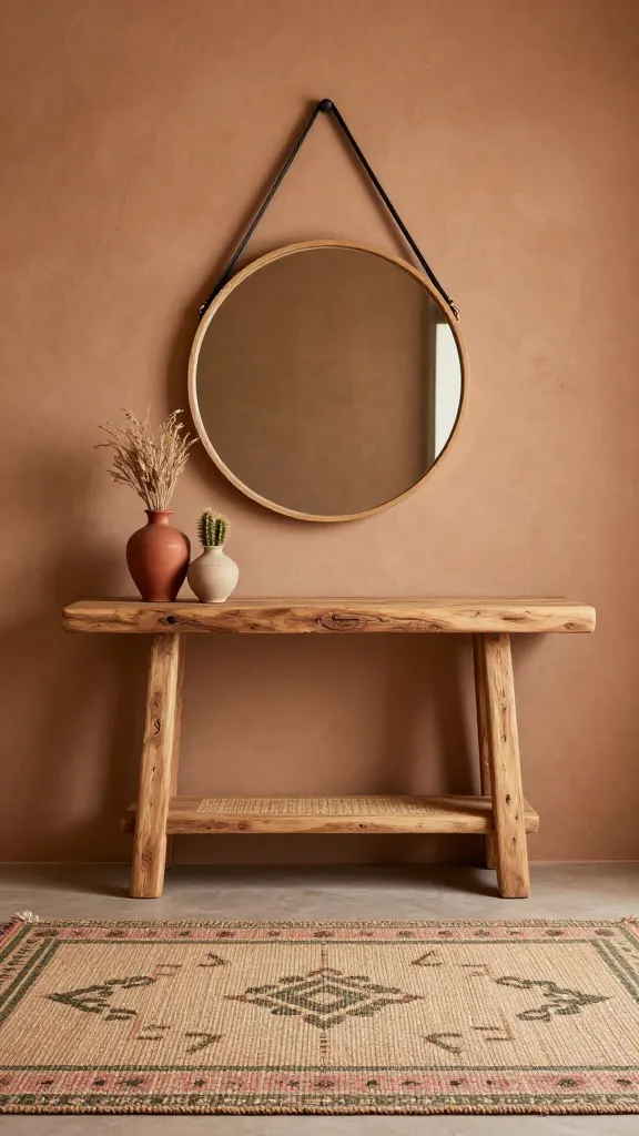 A high-quality, realistic photograph capturing a serene and grounded desert chic entryway. The focal point is a rustic natural wood console table, possibly with subtle woven rattan details, placed against a wall painted in a warm terracotta or sandy beige. Above the console, a large, round mirror with a simple, light wood frame or a muted black leather strap hangs elegantly. On the floor, a woven rug with subtle geometric patterns in earthy tones of sandy beige, dusty pink, and deep olive green grounds the space. Small accents include a terracotta-colored ceramic vase holding a dried desert plant or a small cactus, adding a touch of natural character. The overall aesthetic blends Southwest warmth with modern minimalism, featuring natural wood elements and subtle muted black accents. Soft, warm natural light illuminates the scene, emphasizing the rich textures and sun-baked color palette. No text.