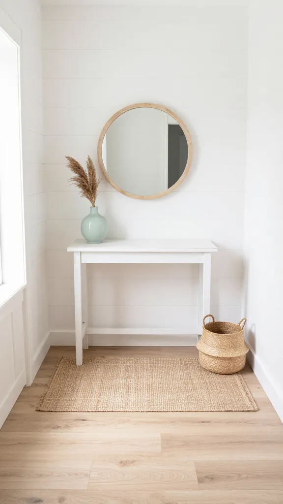 A high-angle, realistic, and brightly lit photo of a small entryway designed in a Coastal Calm Meets Minimalist Refresh style. The walls feature crisp white shiplap paneling, complementing the sandy beige wide-plank wood flooring. A slim, distressed white console table is centered against the wall, topped with a large, round driftwood mirror. On the console, a small, handcrafted seafoam green ceramic vase holds a single sprig of dried pampas grass, adding a subtle pop of color. A textural woven jute rug lies beneath the console, and a small, round seagrass basket is neatly placed on the floor beside it, ready for shoes. The natural light streams in, creating a serene and instantly welcoming atmosphere. The composition is clean, airy, and uncluttered, emphasizing the soothing tones and natural textures. No text.