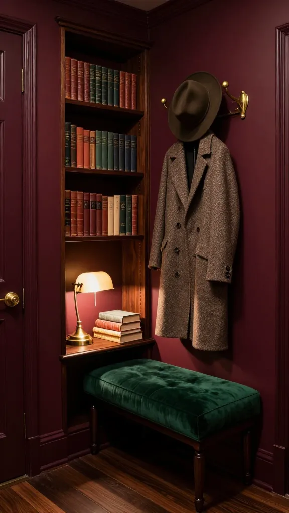 A high-quality, realistic interior photograph capturing a small, sophisticated entryway styled as a dark academia library nook. The walls are a rich, deep burgundy, creating an intimate and intellectual atmosphere. A narrow, tall dark mahogany bookcase, meticulously filled with classic, leather-bound novels and aged books, is positioned against the wall. Beside it, a small, plush deep emerald green velvet bench invites seating. Above the bench, an antique-style brass coat rack elegantly displays a vintage wool coat and a classic fedora. A warm glow from a small brass task lamp on the bench illuminates a stack of books, revealing pages with warm cream tones. The dark wood floor anchors the space, enhancing the old-world charm and cozy elegance. The composition emphasizes the compact yet functional nature of the entryway. No text on image.