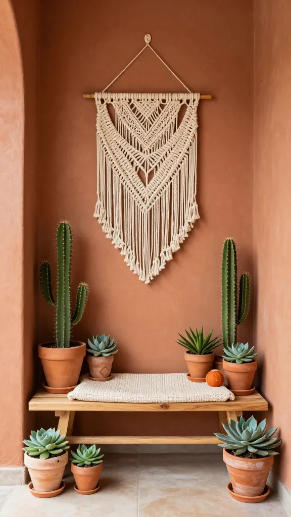 A high-quality, realistic photo of a small, inviting entryway designed in a Boho Desert Oasis style. The walls are painted a warm terracotta, illuminated by bright, soft natural light. A light natural wood bench with a creamy, textured woven cushion is positioned against the wall. Above the bench, a large, intricate macrame wall hanging in natural fibers creates a focal point. Several potted cacti and succulents in various terracotta planters are artfully arranged on the bench and floor, introducing muted sage green tones. Subtle accents of burnt orange are incorporated through a small decorative item or a textile. The overall atmosphere is warm, earthy, and relaxed, with an emphasis on natural materials and a sun-drenched, welcoming feel. No text.