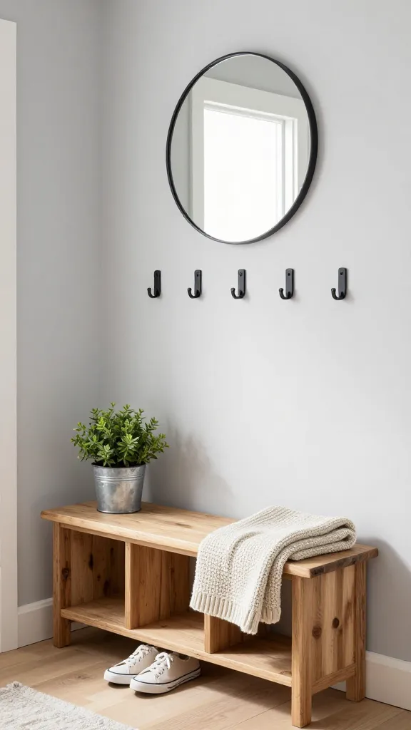 A small, inviting modern farmhouse entryway, bathed in soft natural light. The walls are painted a crisp light greige. A simple, distressed light oak farmhouse bench with cubbies for storage sits against the wall. Above the bench, a row of matte black metal hooks is mounted, with a round mirror featuring a thin black frame centered above them. A galvanized metal planter with a small, vibrant green plant rests on one end of the bench. A soft, cream-colored knitted throw blanket is neatly folded on the other end. A stylish, clean pair of light-colored canvas sneakers are tucked beneath the bench. The flooring is light natural wood. The overall aesthetic is clean, cozy, and effortlessly stylish, blending rustic charm with modern simplicity. High-quality, realistic photo, no text.