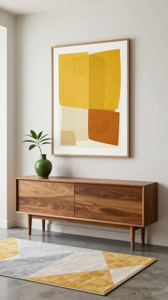 A high-quality, professional interior photograph of a welcoming Mid-Century Modern entryway. A sleek, low-slung console table crafted from warm teak wood is positioned against a clean, off-white wall. On the console, a vibrant avocado green ceramic vase holds a single, minimalist plant. Above the console, a large, framed abstract art print dominates the space, featuring bold geometric shapes in a striking mustard yellow and subtle burnt orange hues. A geometric area rug, with a light gray base and accents of mustard yellow and off-white, lies on the polished concrete floor, anchoring the design. Natural light softly illuminates the space, emphasizing the textures and the playful retro-cool aesthetic. Sharp focus, realistic details, no text.
