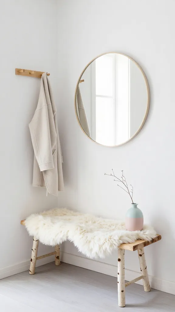 A high-quality, realistic photograph capturing a small, inviting Scandinavian hygge entryway. Pure white walls create a bright and serene atmosphere, complemented by a light gray floor. A simple, light birch wood bench, draped with a plush, creamy white sheepskin throw, is positioned against a wall. Above the bench, a minimalist light wood peg rail holds a single, light-colored coat. A large, unframed circular mirror is prominently placed to reflect natural light and enhance the sense of space. A subtle accent of soft blush pink or pale mint green is introduced through a small, minimalist ceramic vase on the bench with a single dried branch. The scene is bathed in soft, bright natural light, emphasizing clean lines and natural textures, conveying comfort, warmth, and minimalist functionality. The overall mood is calm, uncluttered, and utterly serene.
