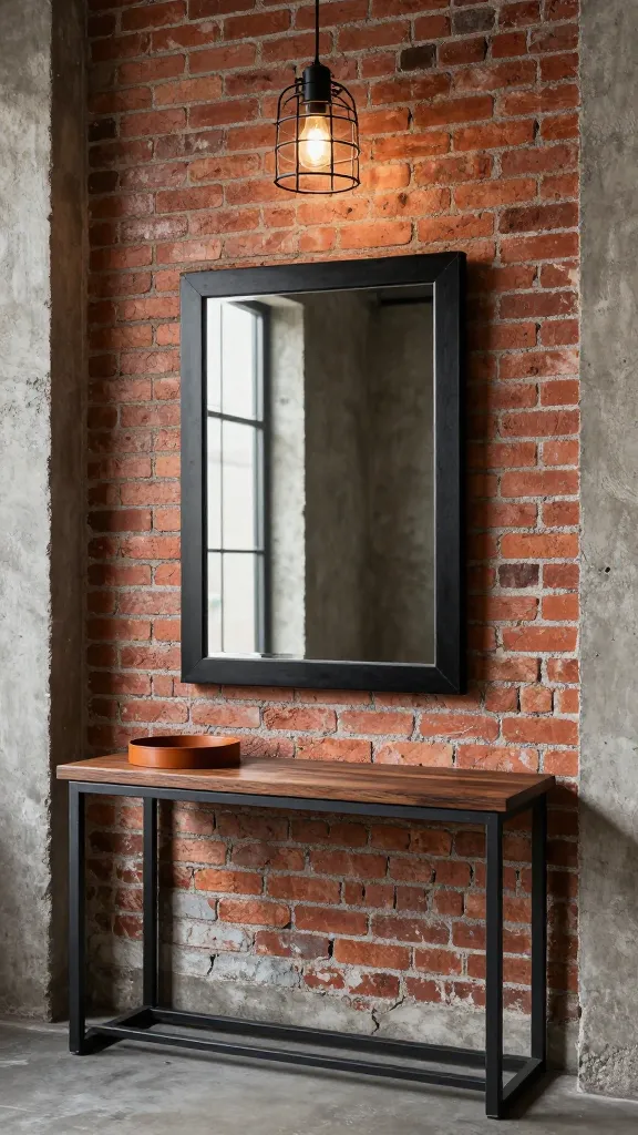 A professional, eye-level photograph capturing a small, industrial loft-style entryway. The walls feature a striking blend of exposed red brick and rough concrete, creating a raw, urban chic backdrop. A sturdy console table, crafted from dark charcoal gray metal and rich, dark wood, is positioned against the wall. Centered above the console is a large, rectangular distressed mirror with a thick, matte black metal frame. An industrial-style cage pendant light hangs from the ceiling, casting a warm, inviting glow downwards. On the console table, a small accent of warm cognac leather, perhaps a tray or a decorative box, adds a touch of sophistication, complementing the rich wood tones and dark metals. The overall styling emphasizes utilitarian design and raw materials, capturing a tough, stylish, and edgy character. High-quality, realistic photography, no text.
