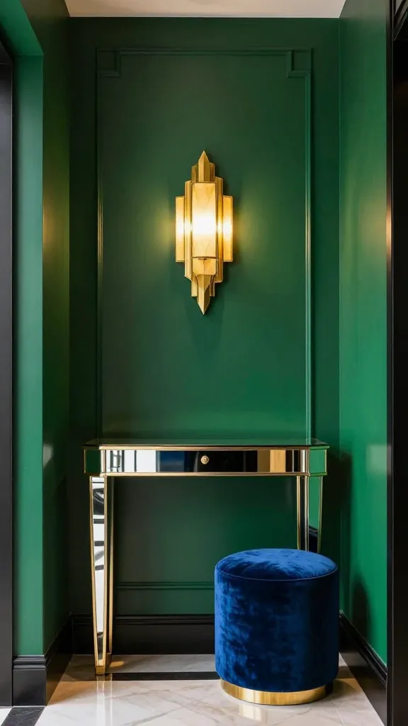 A high-quality, realistic photograph of a small, luxurious Art Deco entryway. The walls are painted a deep, rich emerald green, creating a dramatic and sophisticated backdrop. Centered against the wall is a slim, elegant mirrored console table, reflecting the light and expanding the space. Above the console, a striking geometric gold wall sconce casts a warm, inviting glow, highlighting its intricate design. A small, round ottoman upholstered in plush sapphire blue velvet sits gracefully beside the console, adding a touch of rich jewel-toned luxury. Subtle shiny gold accents are incorporated through decorative elements on the console, enhancing the opulent and glamorous Roaring Twenties aesthetic. The lighting is soft and atmospheric, emphasizing the textures and reflective surfaces, making the entryway feel instantly welcoming and grand.