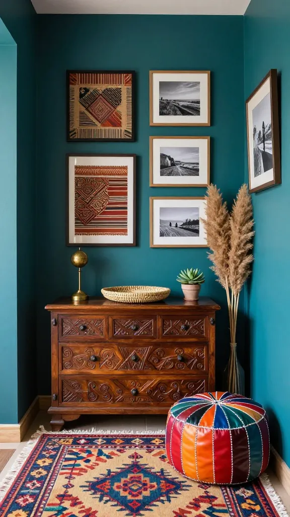 A high-quality, realistic photograph captures a small, inviting entryway designed in an eclectic global traveler theme. The walls are painted a deep teal, providing a rich, vibrant backdrop. A beautifully carved dark wooden chest serves as the main console, topped with a few curated global treasures like a small brass sculpture, a natural woven tray, and a potted succulent. Below, a colorful, intricately patterned Moroccan kilim rug with geometric designs covers the floor, and a vibrant, multi-colored Moroccan leather pouf is positioned beside the chest. Above the chest, a gallery wall features a mix of framed textile art in earthy tones and a couple of black-and-white travel photographs, all housed in simple natural wood frames. A tall, slender floor vase with dried pampas grass stands in a corner, adding organic texture. The overall atmosphere is warm, personal, and full of unique finds, with natural light illuminating the rich textures and contrasting colors.