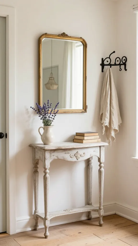 A high-quality, realistic photograph of a small, inviting French Country entryway. The walls are painted a soft creamy white, bathed in gentle, diffused natural light that highlights the rustic elegance. A delicate, distressed shabby chic console table with ornate, carved legs is positioned centrally. Above the console, a vintage-style mirror with an aged, slightly tarnished gold frame reflects the soft light. To one side, a small, elegant black wrought iron coat rack is mounted, holding a single natural linen scarf. On the console table, a small ceramic pitcher vase holds a few sprigs of fresh lavender, and a stack of antique-looking books rests beside it. The flooring consists of light, worn wooden planks, contributing to the quaint cottage feel. The overall scene is soft, romantic, and utterly charming, inviting visitors into a provincial living space. Shot with a shallow depth of field, focusing on the console area.