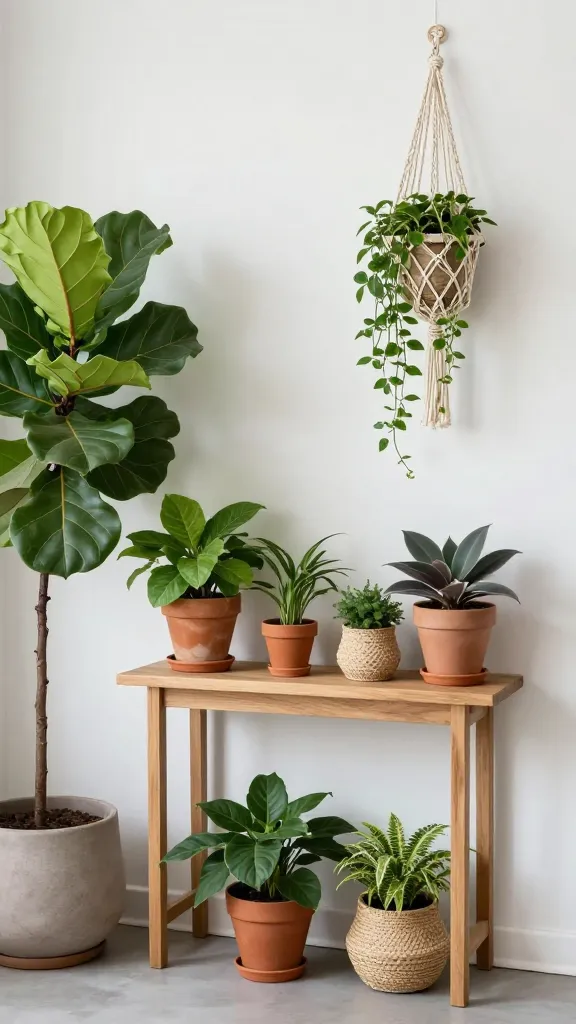 A high-resolution, professional photograph of a small, inviting entryway designed as an 'Urban Jungle Retreat'. A slim, light-toned wooden console table stands against a clean white wall, artfully arranged with a variety of potted plants in terracotta and woven natural fiber pots, showcasing vibrant emerald green and deep sage foliage. To one side of the console, a tall, lush fiddle-leaf fig plant commands attention in a large textured pot. Above the console, a woven macrame plant hanger suspends a trailing green plant, adding a layer of depth. The space is bathed in soft, natural light, highlighting the abundant greenery and earthy textures. The overall impression is one of a refreshing, calming, and welcoming oasis. No text.