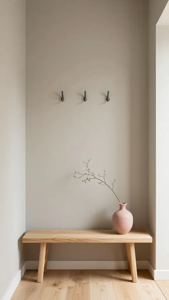 A high-quality, realistic photograph capturing a small, serene Japandi-style entryway. The walls are painted a calm, warm greige, creating a peaceful backdrop. A simple, low-profile bench crafted from light, natural ash wood is positioned against the wall. Above it, a minimalist wall hook system with subtle charcoal gray hooks is neatly installed. On the bench, an elegant, matte ceramic vase in a soft clay pink holds a single, gracefully arching dried branch. The floor is light-toned natural wood, complementing the overall palette. Soft, diffused natural light streams into the space, highlighting the clean lines, natural materials, and thoughtful simplicity, creating an instantly welcoming and tranquil atmosphere. No text.