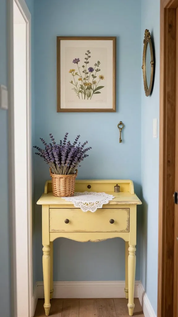 A high-quality, realistic photograph of a small, inviting entryway designed in a whimsical cottagecore fantasy style. The walls are painted in a soft pastel blue, creating a serene and charming backdrop. A small, vintage wooden vanity, painted in a distressed butter yellow, serves as the console table. On its surface, a delicate lace doily is carefully placed, holding a tiny wicker basket overflowing with dried lavender. Above the vanity, a beautifully framed botanical print featuring pressed wildflowers hangs gracefully. Subtle accents of antique brass are incorporated, perhaps in a small decorative key hook or a tiny, ornate mirror frame. Natural wood elements are visible in the exposed parts of the vanity and the floor. Soft, diffused natural light fills the space, highlighting the delightful details and evoking a warm, nostalgic, and welcoming storybook atmosphere. No text on image.