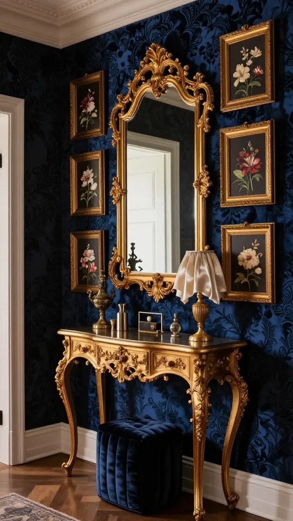 A high-quality, realistic photograph of a small, opulent entryway designed in a moody maximalist drama style. The walls are covered in a deep navy blue, subtly patterned velvet wallpaper. A highly decorative, antique gold-lacquered console table with intricate details is positioned against the wall. Above the console, a very large, ornate gold-framed mirror with a captivating, reflective surface dominates the space. Arranged artfully on an adjacent wall, or surrounding the mirror, is a collection of framed dark floral prints in matching gold frames. Gleaming gold accents are prominent on the console table's hardware and various luxurious decorative objects, such as a small, richly textured velvet pouf tucked beneath the console and a silk-draped lamp. The overall lighting is warm and dramatic, creating a captivating and lavish atmosphere. No text.