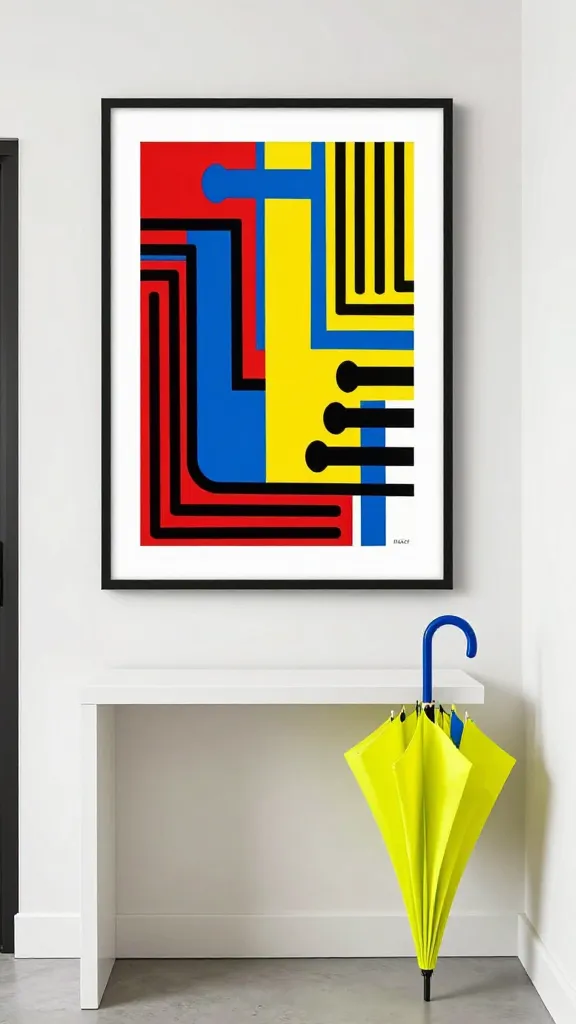 A high-resolution, realistic photo of a small, modern entryway designed with a playful Pop Art Punch. A sleek, simple white console table stands against a clean white wall. Above the console, a large, framed pop art print dominates the space, featuring bold graphic lines and vibrant primary colors (red, blue, yellow), reminiscent of Lichtenstein or Warhol. Next to the console, a sculptural, brightly colored umbrella stand in an electric hue like neon yellow or electric blue adds a whimsical, unexpected touch. The overall styling incorporates high-contrast black and white elements within the artwork and subtle accents, creating an energetic, fun, and instantly welcoming atmosphere. Bright, inviting lighting. No text.