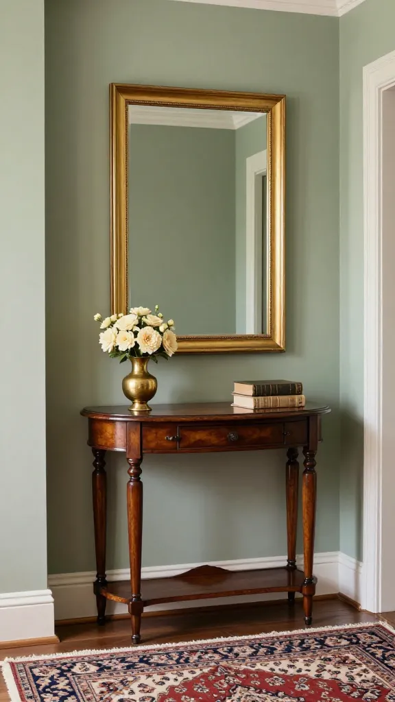 A high-quality, realistic photo of a small, classic traditional entryway. The walls are painted a soft sage green. Dominating the space is a rich mahogany demilune console table, positioned elegantly against the wall. Above the console hangs a large, rectangular mirror with a polished gold frame, reflecting the subtle light. On the console, a small polished brass vase holds a delicate arrangement of cream-colored flowers, alongside a couple of antique books. The floor is adorned with a traditional Persian-style rug in muted tones of faded crimson, cream, and deep blue, adding warmth and texture. The scene is bathed in soft, inviting natural light, highlighting the refined details and creating an atmosphere of enduring grace and sophistication. No text.