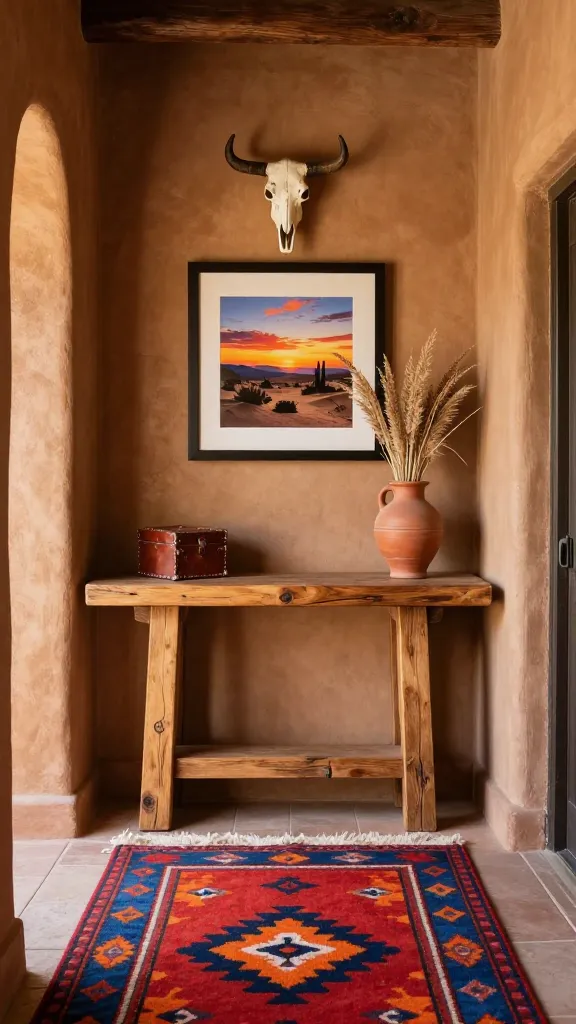 A high-quality, realistic photograph of a small entryway exuding Southwestern warmth. The walls are a rich, textured warm sienna, creating an inviting adobe-like feel. Dominating the space is a rustic pine console table, its surface adorned with a small distressed leather decorative box and a simple terracotta vase holding dried desert grasses. Above the console, a framed print depicts a vibrant desert landscape at sunset, flanked by a smaller, stylized cow skull accent. On the floor, a prominent Navajo-style runner rug with bold geometric patterns in reds, oranges, and deep blues adds a rich pop of color and texture. Natural light softly illuminates the space, highlighting the varied textures of the wood, leather, and wool, emphasizing a welcoming, lived-in character that evokes the rugged beauty of the desert. Shot at eye-level with a slightly wide lens.