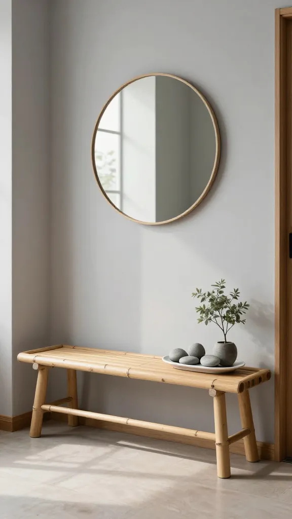 A high-quality, realistic photo of a small, tranquil entryway styled with a Zen garden aesthetic. A low, minimalist natural bamboo bench is positioned against a soft grey wall. Above it, a simple, unframed round mirror reflects the serene space. Adjacent to the bench, a light wood console table features a small, artful arrangement of smooth, grey river stones on a clean white tray, accompanied by a subtle potted plant with muted green foliage. The floor is a light, natural tone, complementing the bamboo and wood. Soft, diffused natural light streams into the space, enhancing the peaceful and welcoming ambiance. No text.