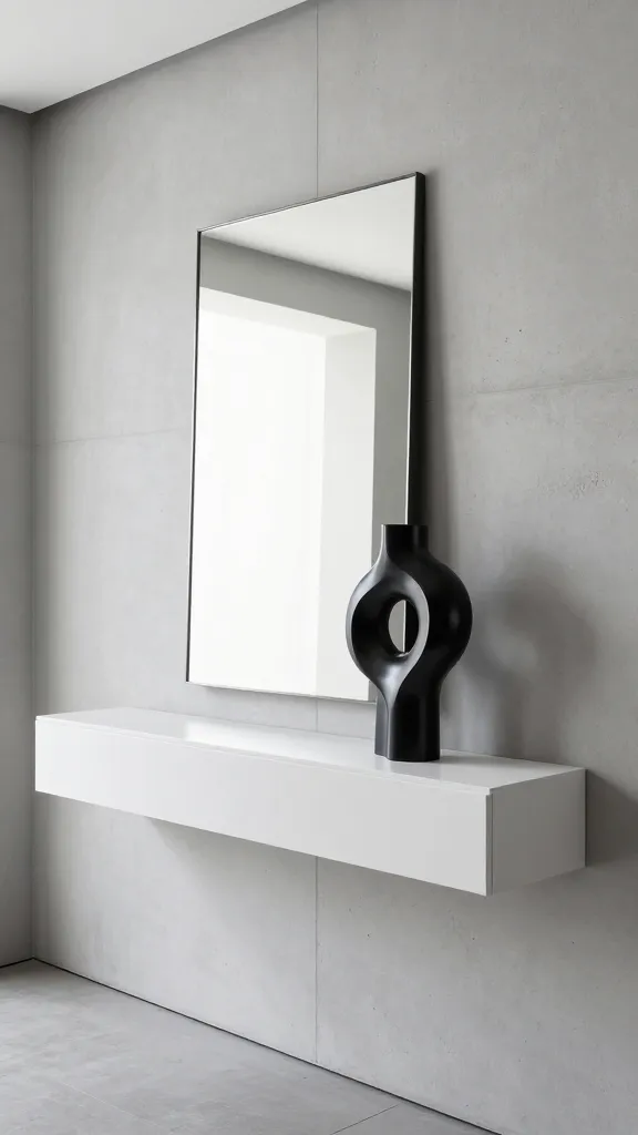 A high-quality, realistic photograph of a sleek, contemporary, and minimalist entryway. The scene features a pristine floating white console shelf mounted against a smooth, light gray polished concrete wall. Above the console, a large, frameless rectangular mirror is elegantly positioned, reflecting the clean lines of the space. On the console, a single, striking abstract sculptural art piece crafted from brushed steel or a high-gloss black material serves as the focal point. The color palette is strictly monochromatic, dominated by shades of black, white, and various grays, creating a sophisticated and uncluttered aesthetic. Subtle accents of polished chrome or brushed steel are visible in the detailing. The lighting is bright and even, emphasizing the sharp lines, high-gloss finishes, and concrete textures. The overall impression is effortlessly cool and modern. Professional interior photography, no text.