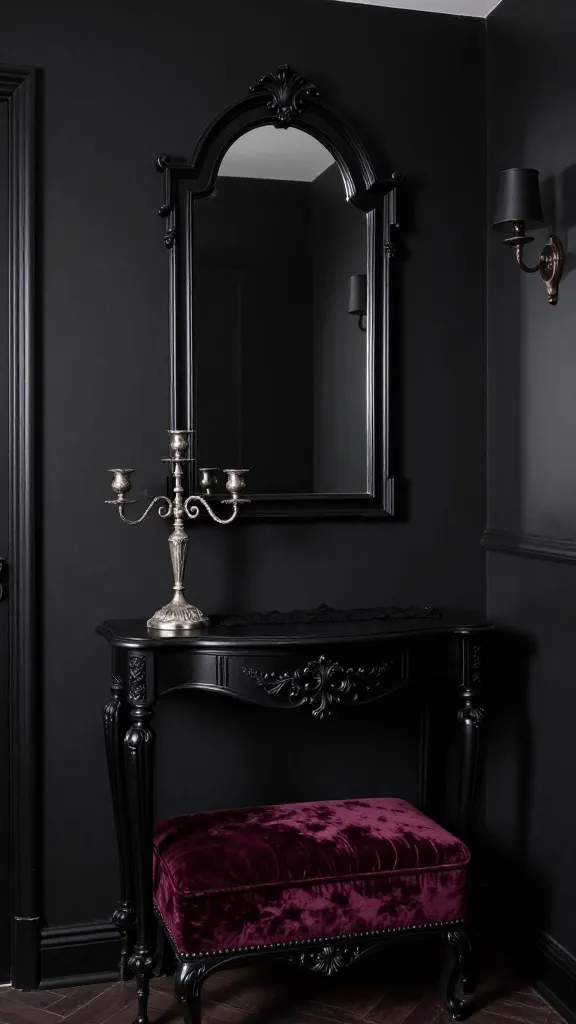 A high-quality, realistic photograph of a small, goth-inspired entryway. The walls are painted a deep charcoal black, creating a dramatic and intimate backdrop. Centered against one wall is a vintage-style black console table crafted from dark wood, featuring intricate ornate details. Above it hangs a large mirror with a dark, subtly gothic arched frame, reflecting the space and adding depth. To the side, a small, elegant bench upholstered in rich, dark aubergine velvet provides a touch of luxurious texture. On the console, an aged silver candelabra and a delicate black lace runner add historical flair and a mysterious charm. Soft, moody lighting from a hidden source or a dark bronze sconce casts subtle shadows, enhancing the romantic and captivating ambiance, blending dark romance with a modern edge.