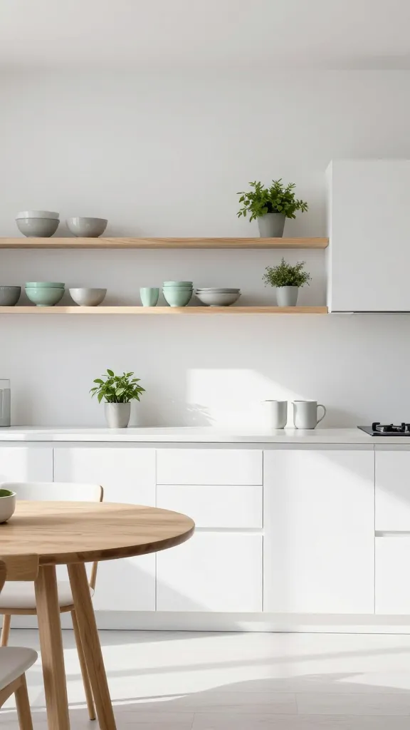 A high-quality, realistic photo capturing a small, bright Nordic minimalist kitchen, designed to feel expansive and serene. Abundant natural light streams into the space, highlighting crisp white, handleless cabinetry that creates a seamless and uncluttered aesthetic. Above the clean white countertops, open shelving made from light natural wood (birch or ash) elegantly displays a carefully curated collection of pale grey and mint green ceramic bowls and cups, alongside small, vibrant green potted plants. A small, round pedestal dining table, crafted from light natural wood, is positioned thoughtfully within the space, contributing to the simple yet sophisticated design. The composition emphasizes clean lines, the interplay of white, light wood, and subtle color accents, all presented with magazine-worthy styling. No text.