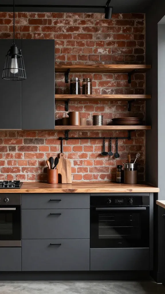A high-quality, realistic photo of a compact, small kitchen designed in a bold, moody industrial loft style. Deep charcoal grey matte cabinetry with matte black hardware and appliances defines the space. An exposed red brick feature wall provides a raw, textured backdrop. Open shelving crafted from dark reclaimed wood and black steel pipes holds minimalist, sophisticated items. Industrial-style black metal cage pendant lights hang over a small, rich butcher block countertop. Subtle accents of warm cognac leather and dark wood enhance the edgy, cool aesthetic, creating a dramatic yet functional compact kitchen. Professional interior photography, sharp focus, natural ambient lighting, no text.