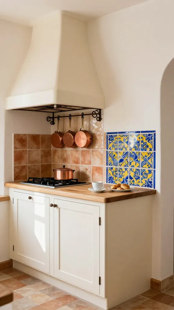 A sun-drenched, high-quality, realistic photograph of a small, inviting Mediterranean bistro-style kitchen. Creamy off-white walls and compact custom cabinetry provide a bright, airy foundation. The backsplash features warm terracotta tiles, highlighted by a section of vibrant hand-painted ceramic tiles in cobalt blue and ochre yellow patterns. Above a small, integrated stove, a rustic wrought iron pot rack holds a few small, gleaming copper pots. A sturdy, light-colored wooden countertop serves as a central workspace, adorned with a white ceramic espresso cup and a small plate of golden pastries. Natural light floods the space, enhancing the rustic textures and vibrant accents. No text.