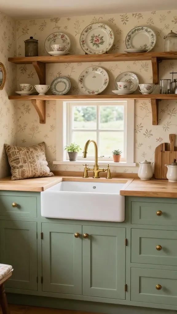 A high-quality, realistic photograph of a small, whimsical cottagecore kitchen. The scene showcases soft sage green shaker-style cabinets adorned with vintage-inspired brass knobs. A charming, small farmhouse sink is centered under a window, above which open wooden shelves beautifully display antique floral dishes and delicate teacups. A warm cream wall with a subtle floral wallpaper pattern acts as a backdrop. An inviting, small window seat with a patterned cushion is integrated into the kitchen design, bathed in soft, natural light streaming through the window. Natural wood tones are prominent on countertops or shelving, complementing the brass faucet and hardware. The overall ambiance is romantic, rustic, and handmade, creating a cozy and endearing countryside escape. Professional photography, natural daylight, shallow depth of field, no text on image.