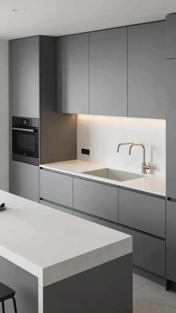A high-angle, realistic photo capturing a sleek urban contemporary small kitchen. The cabinetry is a cool grey, with some sections potentially in white, featuring integrated, panel-ready appliances that disappear seamlessly into the clean lines. Sleek black hardware and fixtures are visible throughout. A pristine solid surface waterfall countertop, made of either quartz or concrete, elegantly descends on one side. The space is illuminated by discreet recessed lighting from above, complemented by subtle under-cabinet lighting that highlights the work surfaces. Pops of metallic, such as a brushed steel faucet or chrome accents, add a touch of luxury. The overall design is minimalist, highly functional, and exudes a sophisticated, chic ambiance. Professional photography, magazine-quality.