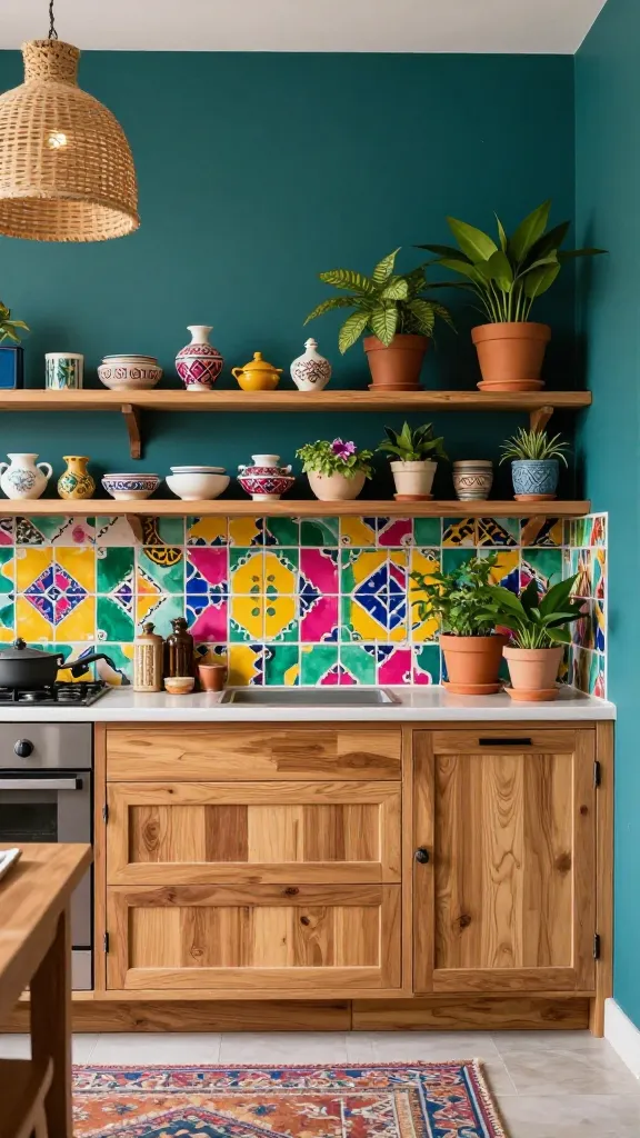 A vibrant, eclectic small kitchen, exuding a global bohemian spirit. A deep teal wall serves as the backdrop for a bold, patterned Moroccan tile backsplash showcasing fuchsia, mustard yellow, and emerald green. Natural wood cabinetry includes both open shelving, displaying artisanal pottery and vibrant potted plants, and closed cabinets with subtle carved details. Woven textures are incorporated through a pendant light and a small area rug. The space is bathed in warm natural light, highlighting the rich colors and textures, creating a personal, well-traveled atmosphere. High-quality, realistic photo, no text.