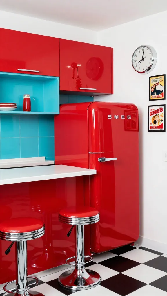 A vibrant, high-quality professional photograph of a small kitchen designed with a playful 1950s retro diner aesthetic. The space features high-gloss cherry red upper and lower cabinets, complemented by cheerful aqua blue accents on shelves and backsplashes. A sleek, small chrome-edged white countertop extends from a wall, accompanied by two matching chrome-base stools with red upholstered seats. A prominent cherry red Smeg-style refrigerator stands proudly, reflecting the bright ambient light. The floor is a classic black and white checkerboard pattern, adding to the nostalgic charm. On one wall, a classic round diner clock with a chrome bezel hangs above framed retro posters depicting vintage advertisements. The overall atmosphere is bright, fun, and inviting, with shiny chrome details catching the light. No text on images.