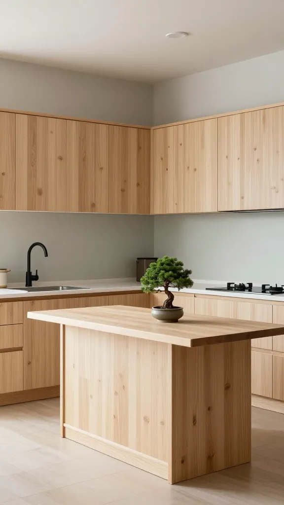 A high-quality, realistic photo of a small, serene Japandi-style kitchen, bathed in soft natural light, exuding a calming and functional aesthetic. The space features abundant light wood tones, primarily white oak and bamboo, in the cabinetry which includes sleek sliding doors or screens designed to save space. Walls are painted in a soft grey, complemented by subtle muted green accents and warm cream undertones throughout the design. A simple, low-profile wood island or table, crafted from light oak, sits centrally, adorned with a single, carefully placed small bonsai tree in a minimalist ceramic pot. Matte black hardware provides subtle, elegant contrast on the faucet and discreet cabinet pulls. The kitchen is impeccably tidy and uncluttered, emphasizing natural materials and a harmonious blend of Japanese minimalism and Scandinavian warmth, resembling a professional interior design magazine spread.