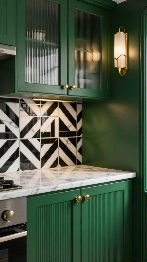 A high-quality, professional interior photograph of a small, luxurious Art Deco kitchen. Deep emerald green base and wall cabinets feature elegant fluted glass fronts and ribbed panels, all accented with shimmering brass hardware. A small, highly polished white marble countertop with subtle grey veining is illuminated by an Art Deco-inspired brass and frosted glass sconce. The backsplash showcases striking geometric patterned tiles in high-contrast black and white. The scene exudes opulent elegance and old Hollywood glamour, with a focus on luxurious finishes and intricate details, captured with sharp focus and warm, inviting light. No text.