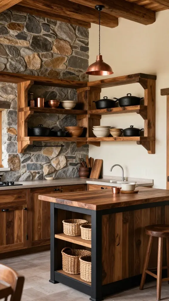 A high-quality, realistic photograph of a small, rustic cabin-cozy kitchen. The space feels warm and inviting, evoking a mountain retreat atmosphere. Rich, dark walnut wood cabinetry and rough-hewn reclaimed barnwood open shelving define the design. One wall features a striking accent of natural, grey-toned stone, while the remaining walls are painted in a warm cream. The open shelves beautifully display a collection of black cast iron pans, earthy ceramic bowls, and a few copper accents. A small, sturdy farmhouse island with a dark wood top and black iron base sits centrally, providing a functional workspace. Black iron pull handles adorn the cabinets, and a single copper pendant light hangs above the island. Woven baskets are neatly integrated into the shelving and under the island, adding texture and storage. The overall aesthetic emphasizes a handcrafted feel and earthy tones, bathed in soft, natural light. No text.