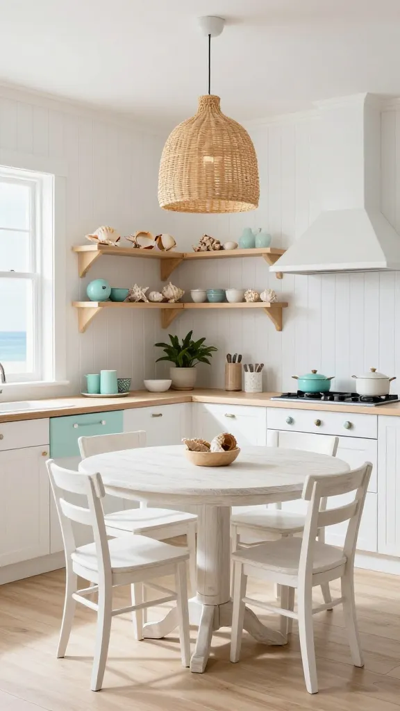 A high-quality, realistic photo of a bright and breezy small coastal kitchen, designed as a relaxed seaside escape. The dominant color palette features soft whites and sandy beiges, accented with subtle touches of muted aqua and natural wood tones. Crisp soft white beadboard paneling adorns the walls, enhancing the cottage feel. A single, intricately woven rattan pendant light hangs gracefully over a small, round whitewashed wood dining table, accompanied by two simple chairs. Open natural wood shelves display a curated collection of collected seashells, a few delicate blue and white ceramic pieces, and a small potted green plant. Abundant natural light streams in through a window, making the space feel exceptionally airy and open. The flooring is light, wide-plank natural wood. The overall aesthetic is effortlessly chic, relaxed, and inviting.