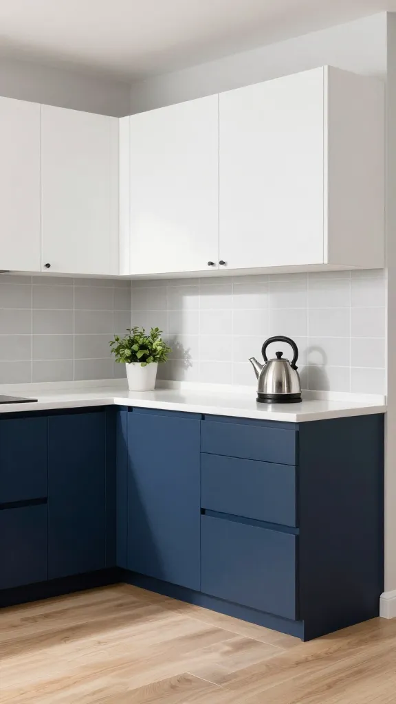 A high-quality, realistic photo of a small, modern kitchen showcasing a two-tone design. The sleek, flat-panel lower cabinets are finished in a deep navy, perfectly contrasted by crisp white, flat-panel upper cabinets. All cabinetry features simple, modern matte black bar pull hardware. A light grey, subtly textured tile backsplash provides a sophisticated visual link between the upper and lower cabinets. Bright white quartz countertops and light wood flooring enhance the clean, airy feel. The space is illuminated by abundant natural light, highlighting its dynamic depth and personality. Minimalist styling, such as a small potted plant and a sleek stainless steel kettle, ensures an uncluttered, magazine-ready aesthetic.