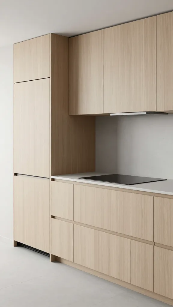 A high-resolution, professional architectural photograph of a small, minimalist kitchen, showcasing a "hidden appliance haven" design. The entire space features sleek, handleless cabinetry in a light wood veneer, creating a monochromatic and exceptionally clean aesthetic. Both the full-size refrigerator and dishwasher are completely panel-ready and seamlessly integrated into the continuous wood cabinetry, making them visually disappear. A compact, black induction cooktop is perfectly flush-mounted into a pristine, light grey solid surface countertop, maintaining an unbroken, uncluttered work surface. The design maximizes visual space with floor-to-ceiling cabinetry and subtle, sophisticated lighting that highlights the smooth textures and refined details.