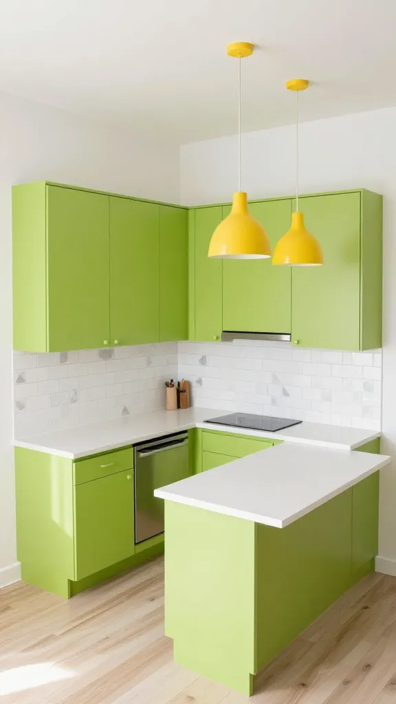 A vibrant, high-angle, realistic professional photograph of a compact, modern kitchen designed with a "Punchy Playful Pop" aesthetic. The focal point is a single wall of sleek, matte lime green upper and lower cabinets, exuding an energetic and fun personality. These bold cabinets are perfectly balanced by crisp white quartz countertops and a white subway tile backsplash featuring a subtle, playful geometric pattern in light grey. Above a small, minimalist kitchen island, two funky, oversized pendant lights in a contrasting sunny yellow hue hang, adding another layer of unexpected color and a whimsical touch. Integrated stainless steel appliances blend seamlessly, and the floor is a light, neutral wood. The overall atmosphere is joyful and modern, with ample natural light streaming in, highlighting the clean lines and dynamic color palette. No text.