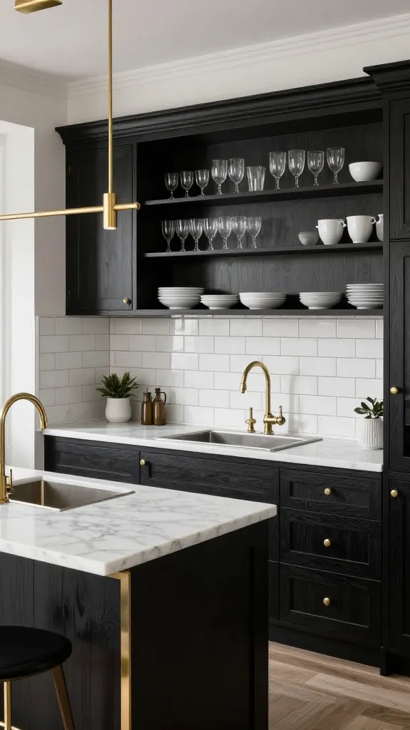 A high-angle, realistic, professional photograph of a small kitchen designed in a classic Parisian Bistro Chic style. The space features elegant dark wood lower cabinets paired with pristine white marble countertops and a small, rectangular marble-topped island with a brass base. A subway tile backsplash with dark grout extends across the main wall, beneath open shelving meticulously arranged with clear, delicate glassware and simple white ceramic dishes. Warm brass accents are evident in the sleek linear pendant lights hanging above the island, the cabinet hardware, and the gooseneck faucet. The overall atmosphere is sophisticated, charming, and subtly romantic, with ample natural light illuminating the black and white palette, complemented by the rich tones of the wood. Shot with a prime lens, shallow depth of field, natural light, high resolution.