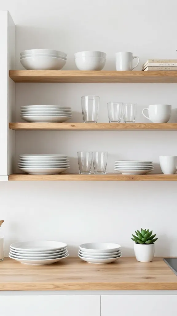 A bright, high-resolution, eye-level professional photograph showcasing a section of a small, modern kitchen. The focal point is a wall with crisp white paint, featuring multiple tiers of sleek, natural light wood floating shelves that completely replace traditional upper cabinets. These shelves are meticulously organized with a cohesive collection of matching white ceramic dishes (dinner plates, bowls, coffee mugs), sparkling clear glass tumblers and carafe, and a few aesthetically pleasing cookbooks with neutral-toned spines. A small, elegant green succulent in a simple white pot adds a touch of life. Natural light floods the scene, creating a light and airy atmosphere that visually expands the small kitchen space, making it feel larger and more inviting. The overall aesthetic is minimalist, meticulously curated, and magazine-worthy. No text.