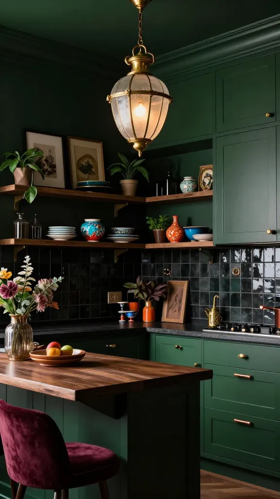 A high-quality, realistic photo of a small, dark and dramatic maximalist kitchen. The space features deep forest green shaker-style cabinets and walls, complemented by dark wood countertops and a dark, glossy tile backsplash. A vintage-inspired, intricate brass and etched glass pendant light hangs prominently, casting a warm glow. Open display shelves are richly layered with vibrant jewel-toned ceramic dishes, small framed vintage art, and dark-leafed potted plants. Rich burgundy velvet bar stools are tucked under a small breakfast bar. Gold and copper hardware gleam against the dark cabinetry. The overall aesthetic is luxurious, intimate, bold, and utterly unique, with soft natural light filtering in, enhancing the moody atmosphere. No text.