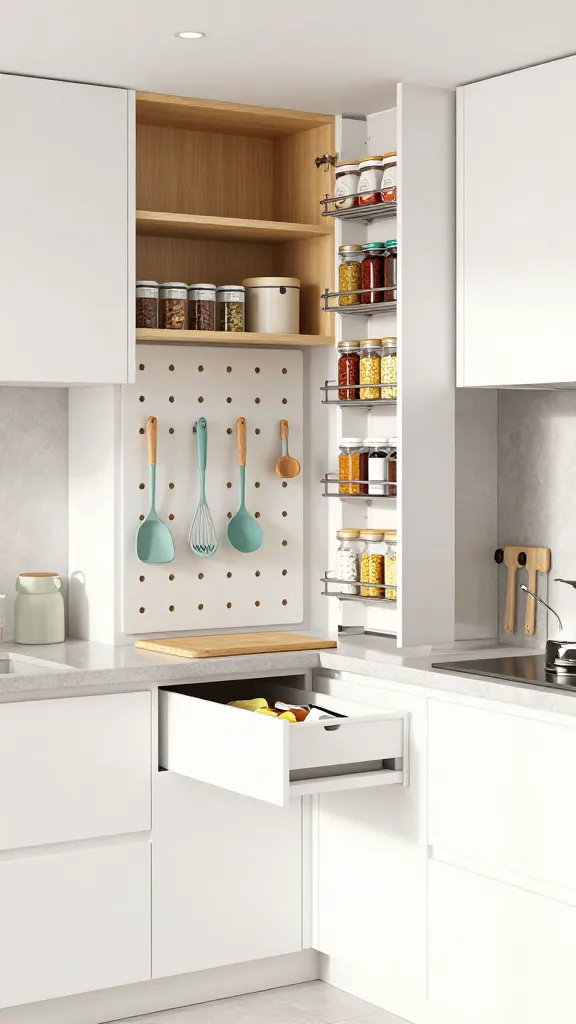 A high-resolution, professional-grade photograph of a modern, small kitchen that is a masterclass in efficient storage. The space is exceptionally bright and airy, flooded with natural light. The dominant color palette features sleek white cabinetry, pale grey quartz countertops, and warm, light wood open shelving and accents. A central feature is a pegboard wall, impeccably organized with various kitchen utensils like spatulas, whisks, and measuring cups, some of which have subtle, soft teal details, serving as the single accent color. To the side, a tall, narrow pull-out pantry unit is partially open, showcasing meticulously arranged spice jars and food containers on multiple chrome shelves. Below the main cabinetry, a discreet toe-kick drawer is slightly ajar, revealing small, organized kitchen essentials. An integrated wooden cutting board is visibly pulled out from a slot beneath the countertop, and a sleek cabinet door suggests an integrated trash bin system. The overall aesthetic is one of clean lines, intelligent design, and maximum utility, making the tiny space feel incredibly functional and magazine-worthy. No text on images.