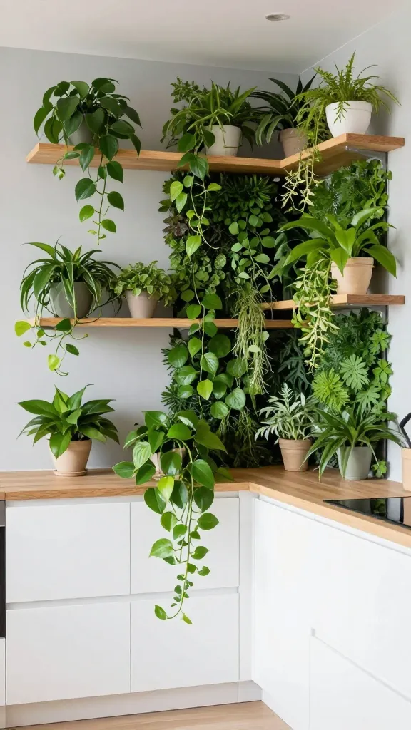 A well-composed, slightly wide-angle, realistic photo capturing a compact, modern small kitchen designed as a vibrant urban jungle. The clean base consists of minimalist white flat-panel cabinetry and light grey walls, allowing the lush greenery to truly pop. Natural light wood floating shelves, varying in length and thickness, are abundantly filled with a vibrant array of trailing plants like Pothos and Philodendron, cascading gracefully downwards. A prominent vertical living wall panel, dense with various fresh herbs and small leafy greens, occupies a section of the wall, adding rich texture. Several stylish hanging planters, made of simple ceramic or natural fiber, are suspended at different heights from the ceiling, contributing to the layered greenery. A clean, light wood countertop is visible, minimally styled. Bright, natural light streams in, highlighting the refreshing, organic, and lively atmosphere, making the small space feel expansive and bursting with life.
