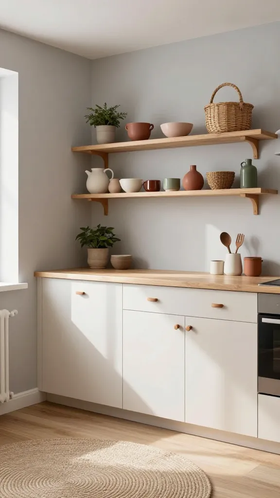 A high-quality, realistic photo of a small kitchen designed in a harmonious Scandi-Boho fusion style. The space features simple, flat-panel base cabinets in warm white and creamy beige, accented with minimalist leather pulls. Above the light natural wood countertop, open shelving crafted from light natural wood displays an artful arrangement of handcrafted ceramics in earthy tones and various woven baskets. The walls are painted in a soft grey, complementing the light natural wood flooring which is partially covered by a small, circular jute rug with a subtle texture. Subtle accents of muted terracotta, dusty rose, and olive green are introduced through a small potted plant on the shelf and a ceramic utensil holder. Abundant natural light streams into the room, highlighting the clean lines and relaxed, cozy textures, creating an effortlessly chic and inviting atmosphere. Shot with a slightly wide-angle lens to capture the cozy ambiance, no text.