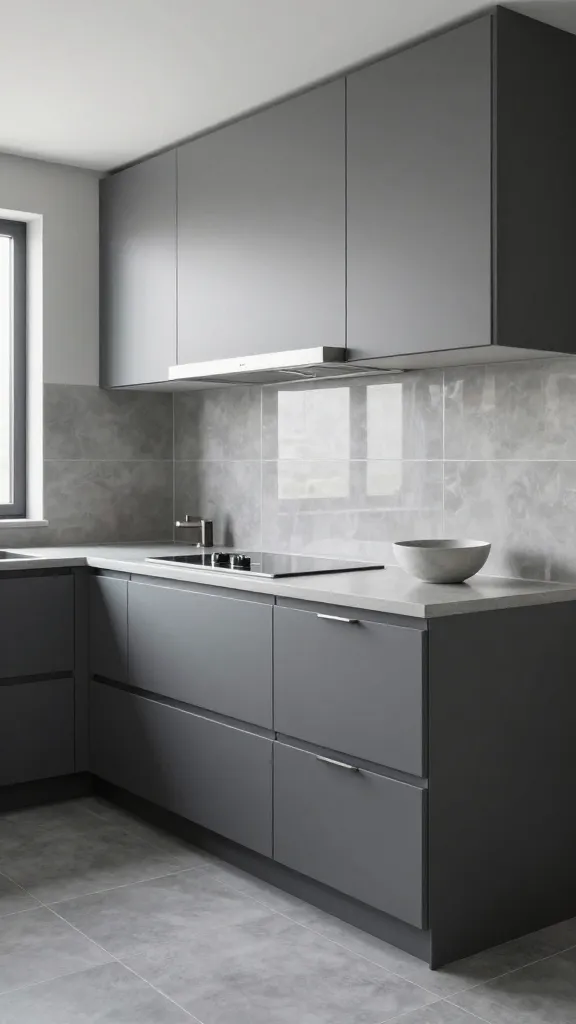 A high-resolution, realistic photograph capturing a small, modern kitchen designed with a sophisticated monochromatic grey palette. The space features sleek, matte charcoal grey lower cabinets and lighter dove grey upper cabinets, both adorned with minimalist brushed stainless steel pulls. A smooth, light grey polished concrete countertop seamlessly integrates with a backsplash of subtly textured, glossy light grey ceramic tiles, reflecting the soft natural light streaming in from a nearby window. Integrated stainless steel appliances, including a flush-mounted cooktop and a sleek range hood, add a contrasting metallic texture. The floor is laid with large format, medium grey porcelain tiles. The interplay of varying grey shades and textures, from matte to glossy to brushed, creates an intentional, expansive, and cohesive feel within the compact layout. A single, organic-shaped light grey ceramic bowl rests on the counter, adding a subtle decorative touch. The lighting is bright and even, highlighting every detail and texture.