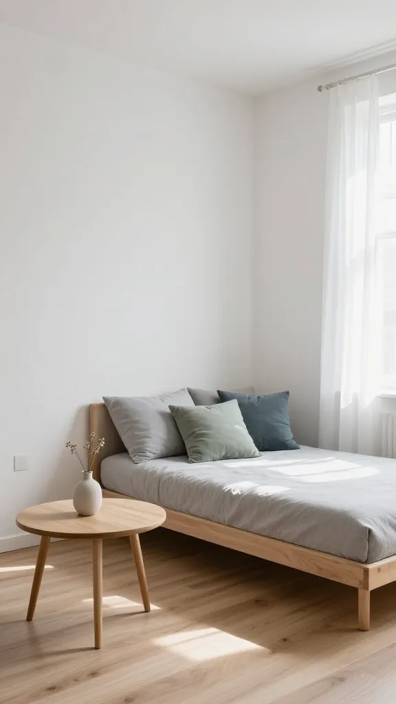 A high-quality, realistic photo of a small, minimalist Scandinavian studio apartment bathed in soft natural light. The walls are painted in crisp white, complemented by light ash wood flooring. A sleek, low-profile sofa bed, upholstered in a light grey fabric with clean lines, serves as the central piece, neatly arranged with throw pillows in muted sage green and a dusty blue. In front of the sofa, a small, round coffee table made of natural birch wood holds a single, minimalist ceramic vase with a few dried stems. The space feels incredibly airy, uncluttered, and serene, showcasing intelligent use of space for a cozy, functional living area. Sunlight filters gently through a sheer white curtain on a window, highlighting the warm wood tones and soft textures. No text.