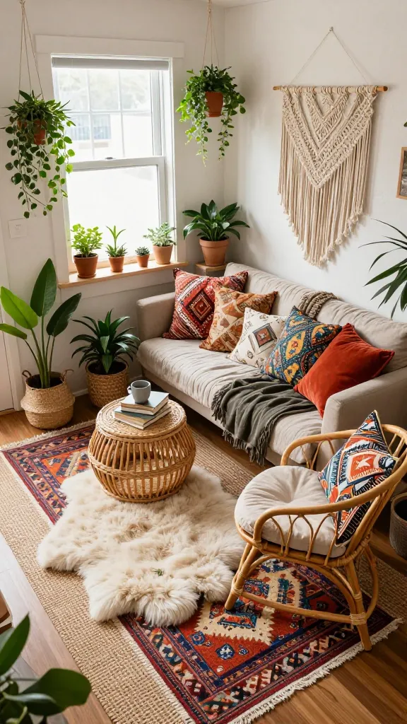 A sun-drenched, high-angle wide shot of a compact, stylish tiny apartment living space transformed into a Boho-Chic Wanderer's Retreat. The small footprint feels incredibly cozy and inviting, with clever space utilization. The floor is a rich tapestry of layered rugs: a large, natural woven jute rug serves as the base, topped with a vibrant, patterned kilim rug, and a soft faux sheepskin throw rug strategically placed for warmth. An abundance of lush potted plants brings life indoors, including a tall, floor-standing plant in a woven basket, several trailing plants hanging from macrame hangers near a window, and smaller succulents on a minimalist wooden shelf. A compact, comfortable sofa is adorned with an eclectic mix of oversized throw pillows featuring diverse patterns—tribal, paisley, and geometric—in rich textures like linen, velvet, and raw cotton. A low-profile rattan accent chair with a soft cushion sits beside a small, round wicker side table holding a ceramic mug and a stack of well-loved travel books. The walls are light, possibly with a textured finish, and a large, intricately woven macrame wall hanging adds to the global charm. Natural light floods the space, highlighting the rich textures and patterns, creating a perfectly imperfect, well-traveled sanctuary atmosphere. Realistic, high-resolution photograph, no text.