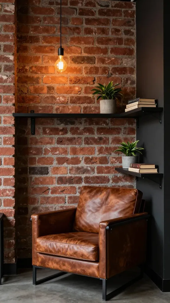 A high-quality, realistic interior photograph showcasing a stylish, compact living area within a tiny apartment, designed with an industrial edge urban loft aesthetic. A prominent feature wall with rich, realistic faux brick texture serves as the backdrop, exuding raw sophistication. Against this wall, a compact, comfortable distressed brown leather armchair with dark metal accents is strategically placed, inviting relaxation. Adjacent to the armchair, a sleek, black metal shelving unit is mounted, holding a few carefully curated industrial-style decor items like a small concrete planter with a green plant and a stack of vintage hardback books. Overhead, a single Edison bulb pendant light with a warm, amber glow hangs, casting a cozy ambiance and highlighting the raw textures. The overall space feels bold, confident, and surprisingly comfortable despite its small footprint, demonstrating clever use of sturdy materials and utilitarian details for a sophisticated, edgy look. The lighting is warm and inviting, emphasizing depth and texture. No text on image.