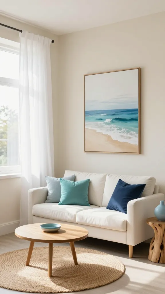 A high-quality, realistic photograph of a beautifully styled tiny apartment living room, embodying a 'Coastal Calm Escape' theme. The compact space is bathed in soft, natural light streaming through a large window, where lightweight, sheer white curtains billow gently inwards. The walls are painted in a creamy beige, providing a serene base. A small, modern two-seater sofa in a soft white upholstery is adorned with throw pillows in varying shades of aqua, sky blue, and deep navy. A low, round coffee table with a light wood top rests on a large, round woven seagrass rug. On the wall above the sofa, a prominent, large framed piece of abstract ocean art, featuring blues, whites, and sandy tones, captures attention. A small, sculptural side table crafted from natural, light-colored driftwood holds a simple ceramic vase in a soft blue hue. The overall atmosphere is incredibly light, breezy, and relaxing, evoking the feeling of a permanent seaside vacation. No text.