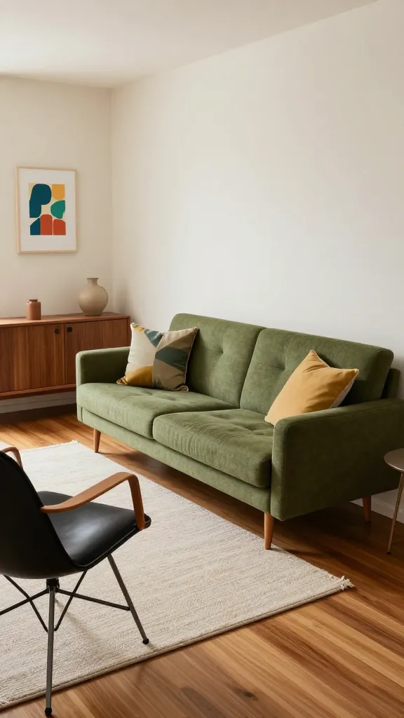 A high-quality, realistic photograph of a meticulously styled, compact mid-century modern living space within a tiny apartment. The focal point is a compact, tufted two-seater sofa in a muted olive green, featuring elegant tapered wooden legs. Adjacent to it, an iconic Eames-inspired molded plywood armchair with a black leather cushion is perfectly positioned. Against a clean, light-colored wall sits a slim teak wood credenza, adorned with a minimalist ceramic vase and a small, vibrant abstract art print. The sofa is dressed with geometric patterned throw pillows in mustard yellow and teal. A simple, textured cream-colored rug defines the seating area on a polished hardwood floor. Natural light softly illuminates the scene, highlighting the sleek lines, organic shapes, and functional elegance. The perspective is eye-level, slightly wide-angle, emphasizing the smart use of a small footprint. No text on image.
