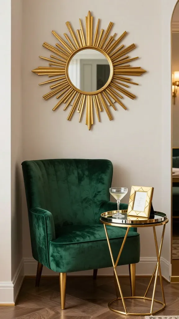 A high-quality, realistic photograph of an opulent Art Deco glamour nook, expertly designed within a tiny apartment corner. The centerpiece is a plush, compact emerald green velvet armchair, positioned beside a sleek, slim gold geometric side table. On the table, a reflective mirrored tray holds a vintage cocktail glass and a small, gold geometric picture frame. Dominating the wall above the armchair is a magnificent gold sunburst mirror, its rays subtly catching the soft, luxurious ambient light. The scene exudes dazzling sophistication and Gatsby-era luxury, meticulously scaled for a small living space, with every detail shimmering. The lighting is soft and inviting, highlighting the rich textures and metallic gleam.