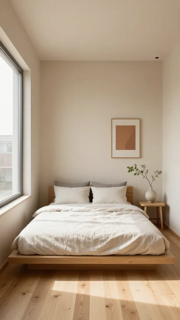 A high-quality, realistic photograph of a tiny apartment bedroom designed as a Japandi Zen sanctuary. The compact room features a low-profile platform bed with crisp off-white linen bedding and soft grey throw pillows, centered against a warm beige wall. Natural light streams in from a large window, illuminating the light natural wood flooring and a minimalist wenge wood side table holding a simple ceramic vase with a single muted green branch. Clean lines dominate the space, with a small, carefully chosen piece of abstract wall art in a subtle terracotta hue. The overall atmosphere is serene, uncluttered, and exudes understated elegance, showcasing a harmonious blend of Japanese minimalism and Scandinavian warmth. No text.