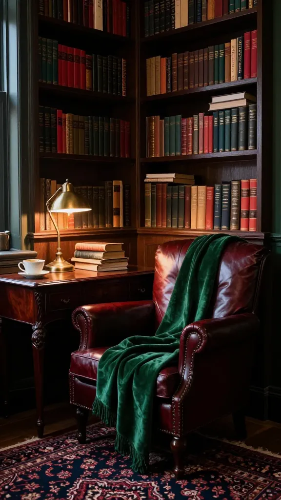A realistic, high-quality photograph of a sophisticated Dark Academia reading retreat nestled in a cozy corner nook of a tiny apartment. The focal point is a compact, deep oxblood leather armchair, its rich texture invitingly draped with a forest green velvet throw blanket. Adjacent to it, a wall of built-in dark wood bookshelves stretches from floor to ceiling, densely packed with an eclectic collection of classic literature, antique tomes, and academic texts. Tucked beside the armchair is a small, ornate antique-style writing desk made of dark mahogany, featuring a vintage brass desk lamp casting a warm, inviting glow onto a stack of old books and a half-empty teacup. The floor is covered by a rich, dark-toned Persian-style rug with intricate patterns, complementing the deep, moody color palette of emerald greens, deep reds, and dark woods. Soft, diffused natural light filters in from an unseen window, creating subtle shadows and enhancing the intellectual, mysterious, and utterly charming atmosphere of this thought-provoking haven. No text on images.